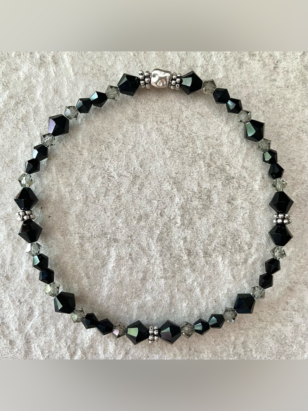 Handmade Noir Swarovski Bicone Crystal Antique Silver Stretch Bracelet (FIRM)